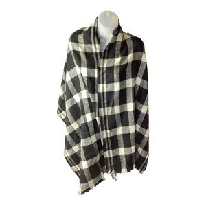 Pistil Plaid Fringed Scarf Shawl Wrap Rectangle Black White Wool Blend One Size